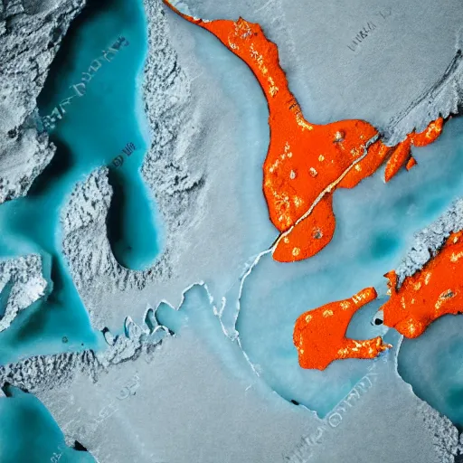 Image similar to top down view of map of country iceland made out of ice, accurate map, surrounded by ocean made out of hot orange lava, realistic