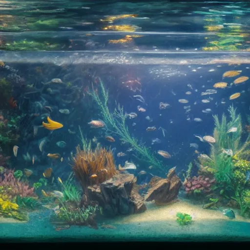 Prompt: Looking down at fishes through the transparent glass aquarium floor, by Greg Rutkowski andThomas Kinkade, trending on artstation 4k.