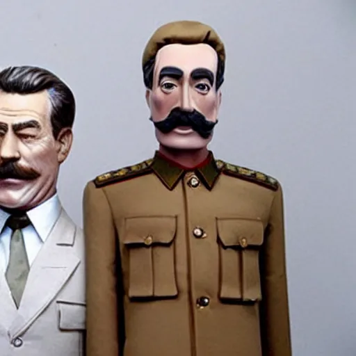 Prompt: mannequins of bryan cranston and stalin, bryan cranston is holding up a ziplock with meth, stalin is surprised