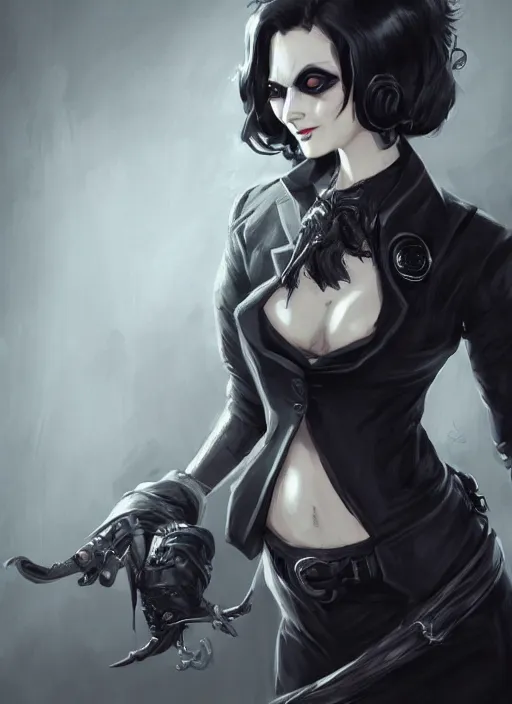 Prompt: a highly detailed illustration of beautiful short black messy haired woman wearing pirate eyepatch and noir style suit and tie, dramatic smiling pose, intricate, elegant, highly detailed, centered, digital painting, artstation, concept art, smooth, sharp focus, league of legends concept art, WLOP