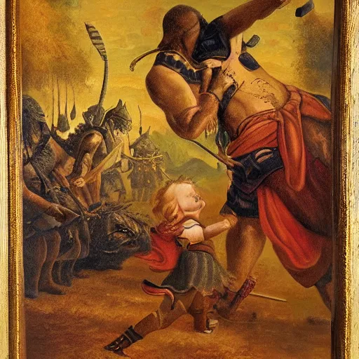 Image similar to painting of, a warrior dad protecting his little daughter, from the demons of life, highly detailed