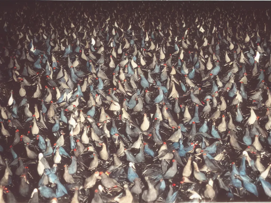 Prompt: 80s polaroid colour flash photograph of pigeons attending an Iron Maiden concert