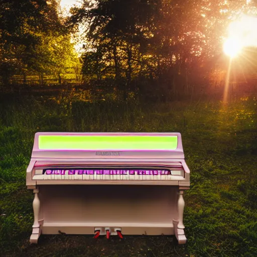 Prompt: a pastel coloured Polaroid photo of a cubic neon transparent perspex piano in a field, beams of light, nostalgic