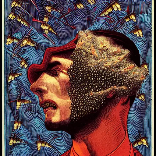 Prompt: a guy, face covered in moths, small details, by virgil finlay, by kilian eng,