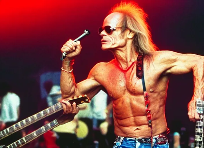 Prompt: photo still of david lee roth at the woodstock 9 9!!!!!!!! at age 3 6 years old 3 6 years of age!!!!!!!! on stage in spandex, 8 k, 8 5 mm f 1. 8, studio lighting, rim light, right side key light