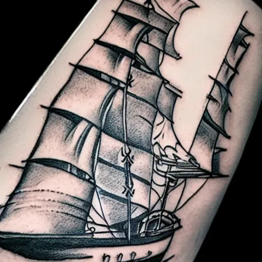 Image similar to A magical pirate ship tattoo realistic tattoo sketch on white background, hyper realistic shaded tattoo, award winning tattoo