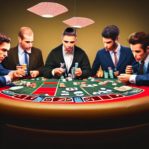 Image similar to 8 monkeys playing poker at a poker table smoking cigarettes and dressed in suits, 4 k, hyper realistic, dslr, high resolution, landscape, beautiful