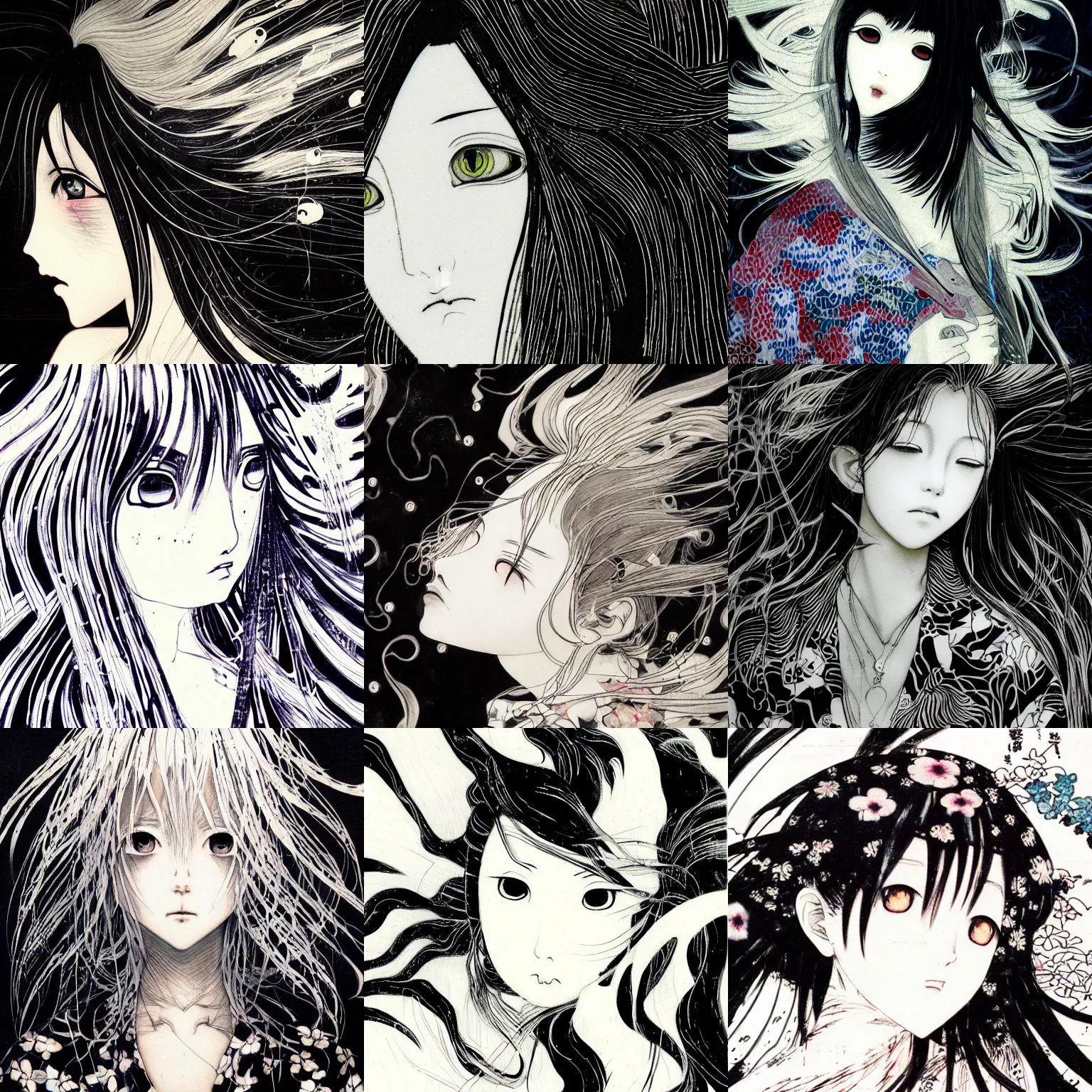 Prompt: Yoshitaka Amano blurred and dreamy illustration of an anime girl with black eyes, wavy white hair fluttering in the wind and cracks on her face wearing black and white hawaiian shirt, abstract black and white patterns on the background, noisy film grain effect, highly detailed, Renaissance oil painting, weird portrait angle