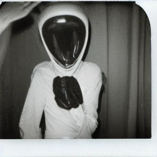 Image similar to polaroid of alien caught doing drugs in bathroom, roswell 1 9 6 2