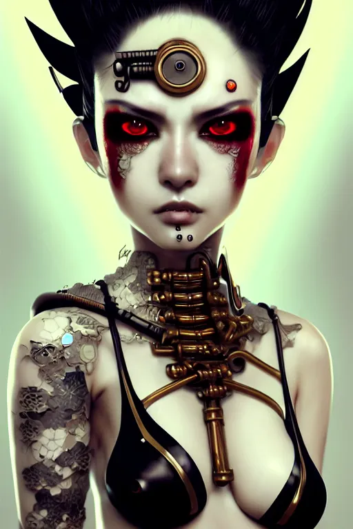 Image similar to soft lustrous ivory ebony geisha yakuza raver gutter punk gothic biotech steampunk cyborg, golden ratio, details, scifi, fantasy, cyberpunk, intricate, decadent, highly detailed, digital painting, octane render, artstation, concept art, smooth, sharp focus, illustration, art by artgerm, loish, wlop