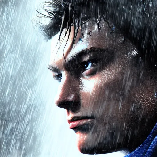 Image similar to Peter Parker as Spiderman , wet face , heavy rain ,dramatic, intricate, highly detailed, concept art, smooth, sharp focus, illustration, Unreal Engine 5, 8K