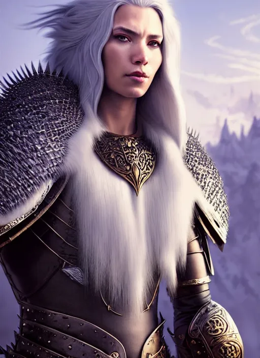 Image similar to fur leather armor!!! long wild white hair!! covered chest!!! fantasy, d & d, intricate ornate details, symmetry, concept art, sharp focus, illustration, art by artgerm! greg rutkowski magali villeneuve wlop! ilya kuvshinov!!, octane render, unreal engine 5, highly rendered!!