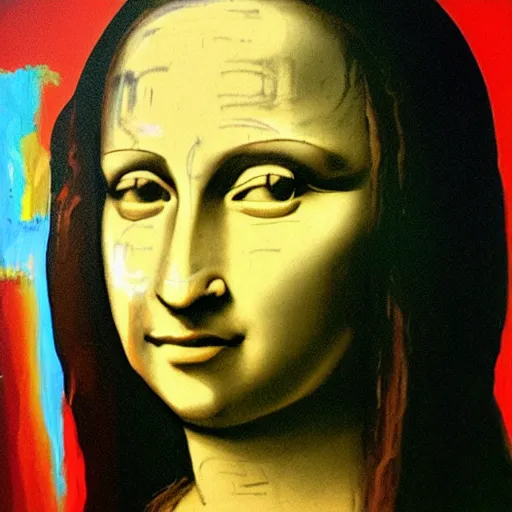 Prompt: portrait painting of monalisa in the style of jean-Michel Basquiat