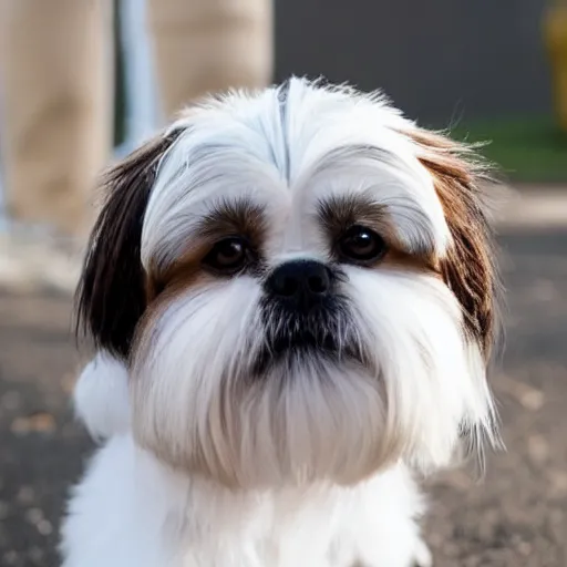 Prompt: A photo of a shih tzu with short-length hair, black and white fur and brown eyes