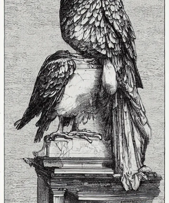 Image similar to raven sitting on a female marble bust on a white background, art by james o barr and albrecht durer and piranesi, woodblock print, engraved, black and white, vector, vector art