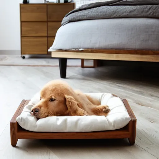 Prompt: wooden luxurious dog bed inspired by mies van der rohe