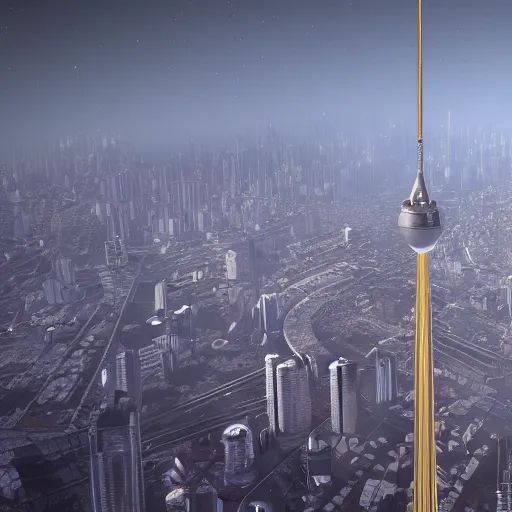 Prompt: a space elevator rising from the center of a misty metropolis, highly detailed, 8k, sharp focus