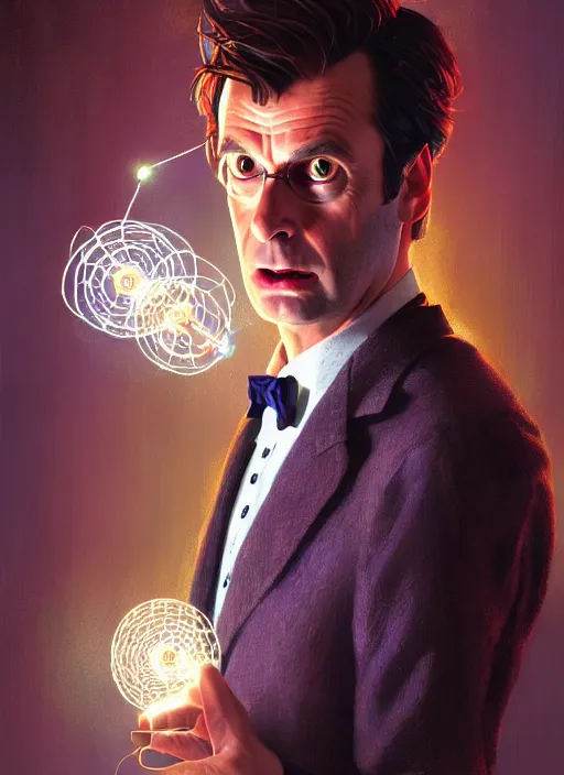 Image similar to portrait of the tenth doctor from doctor who wearing a party hat, intricate, elegant, glowing lights, highly detailed, digital painting, artstation, concept art, smooth, sharp focus, illustration, art by wlop, mars ravelo and greg rutkowski