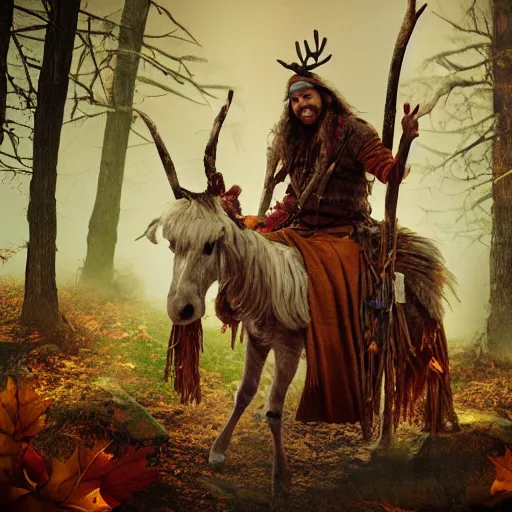 Image similar to hippie tribal hobo wearing twigs and leaves smiling sheepishly, riding tiny scuffy donkey with novelty oversized antlers, autumn forest, highly detailed, dramatic lighting, night time, cinematic, hyperrealistic, detailed, movie still from game of thrones