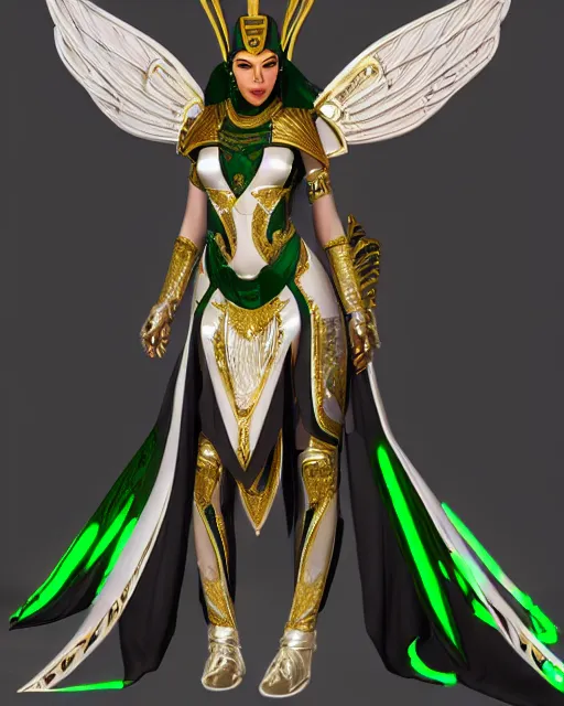 Prompt: smiling egyptian queen wearing white dove wings, warframe armor, regal, attractive, ornate, sultry, elize theron, pretty face, green eyes, scifi platform, 4 k, ultra realistic, epic lighting, illuminated, cinematic, black gold, art by akihito tsukushi, voidstar