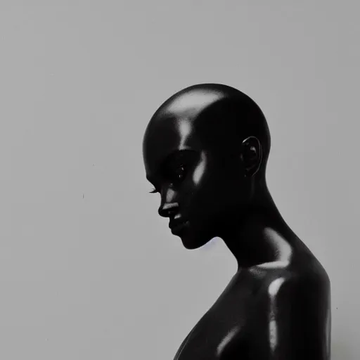 Image similar to very very beautiful dark black marble statue of a woman in the style of virgil abloh, colorful motocross logos on the wall behind her, sharp focus, clear, detailed,, cinematic, detailed, off white, heron preston, matthew williams, acronym, glamourous, symmetrical, vogue, editorial, fashion, magazine shoot, glossy