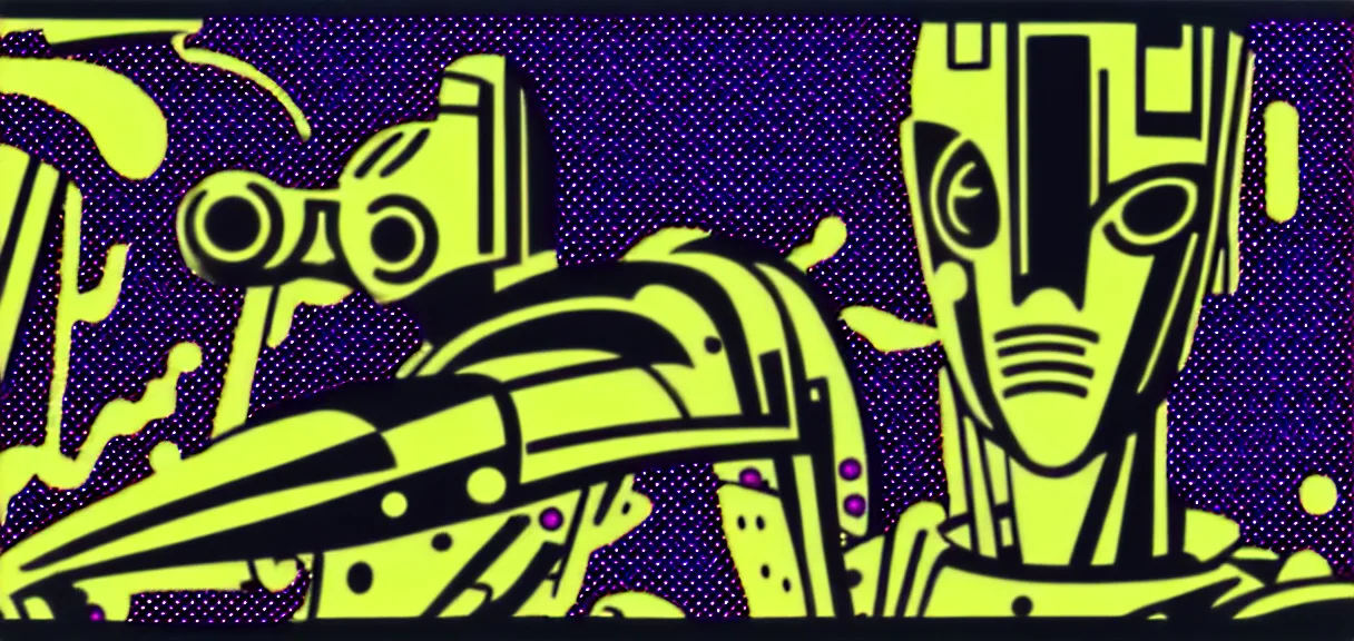 Image similar to ⚠ 👽 💉 ☠ 💢 😱 futuristic japanese cyberpunk by roy lichtenstein, by andy warhol, ben - day dots, pop art, bladerunner, pixiv contest winner, cyberpunk style, cyberpunk color scheme, mechanical, high resolution, hd, intricate detail, fine detail, 8 k