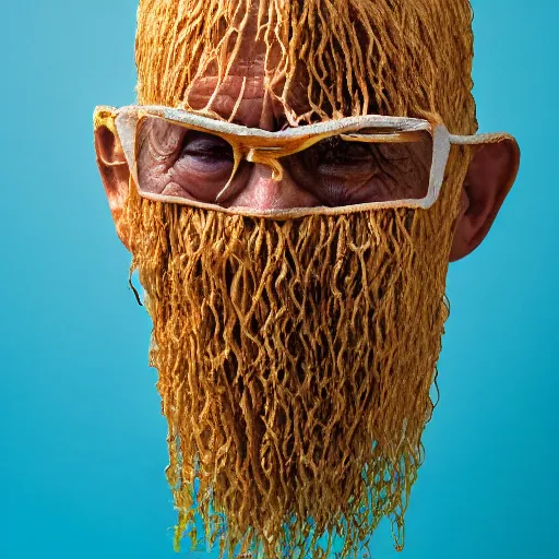 Image similar to an elderly man wearing a mask made from ramen noodles, bold natural colors, national geographic photography, masterpiece, 8 k, raw, unedited, symmetrical balance