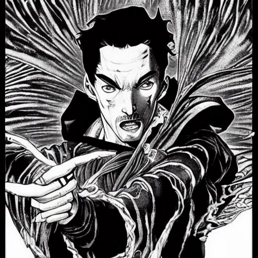 Image similar to pen and ink!!!! attractive 22 year old Dr. Strange Gantz monochrome!!!! Frank Zappa x Daniel Radcliff highly detailed manga Vagabond!!!! telepathic floating magic swordsman!!!! glides through a beautiful!!!!!!! battlefield magic the gathering dramatic esoteric!!!!!! pen and ink!!!!! illustrated in high detail!!!!!!!! graphic novel!!!!!!!!! by Hiroya Oku!!!!!!!!! MTG!!! award winning!!!! full closeup portrait!!!!! action manga panel