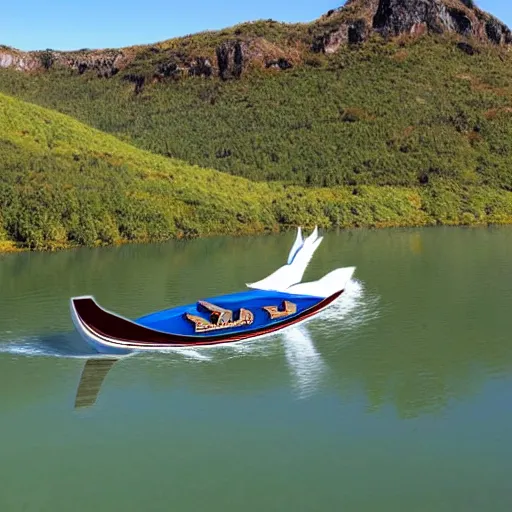 Image similar to speedboat that looks like a viking ship sailing down a river