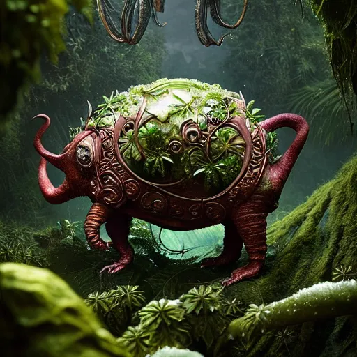 Image similar to creature in a lush trunda vegetation, snow snow :: by Michal Karcz, Daniel Merriam, Victo Ngai and Guillermo del toro :: ornate, dynamic, particulate, intricate, elegant, highly detailed, centered, artstation, smooth, sharp focus, octane render, 3d