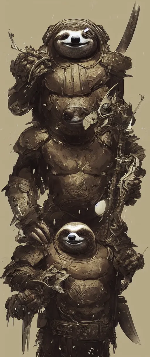 Image similar to graphic, hyperreal illustration of anthropomorphic sloth in traditional samurai armor : : digital art, concept art, character development : : illustrated by artgerm, yoji shinkawa, scott buoncristiano, nychos