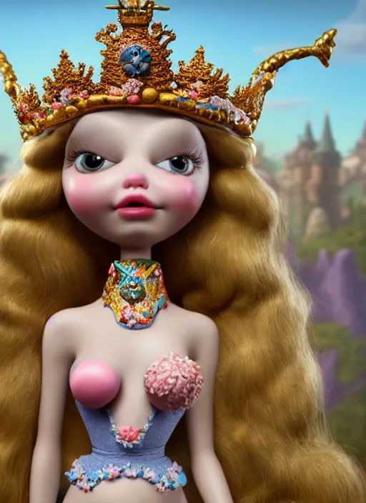 Image similar to highly detailed closeup, face profile portrait of a tin toy fairytale princess wearing a crown eating cakes, bikini, unreal engine, by nicoletta ceccoli, mark ryden, lostfish, dan decarlo, bob clampett, max fleischer, global illumination, detailed and intricate environment