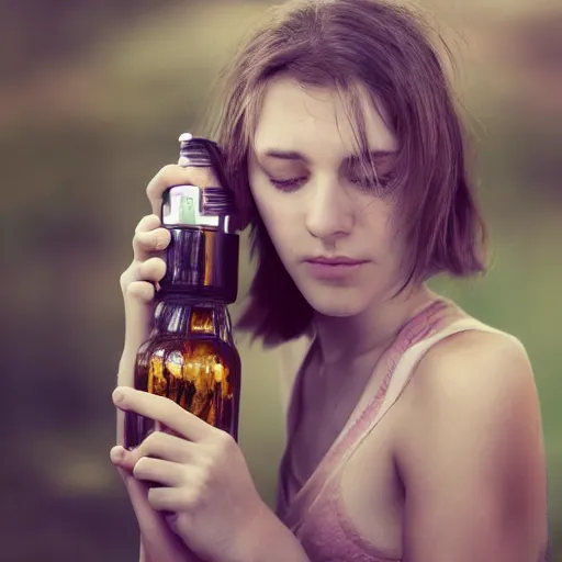 Prompt: lomo photograph, intricate detail, hyper detail, young beautifull woman, very tired, full body potrait holding bottle, hazel green eyes, realistic, highlydetailed, natural, model shoot, masterpiece, sharp focus,