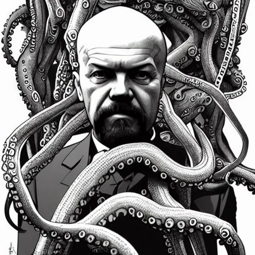 Prompt: photo of vladimir lenin and octopus hybrid with tentacles in the forest, highly detailed, digital painting, artstation, smooth, sharp focus, illustration, art by artgerm and greg rutkowski and alphonse mucha