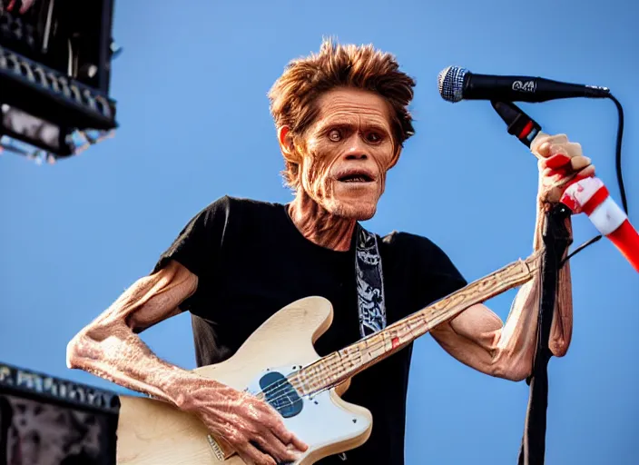 Image similar to photo still of willem dafoe on stage at vans warped tour!!!!!!!! at age 4 0 years old 4 0 years of age!!!!!!! singing into a mic, 8 k, 8 5 mm f 1. 8, studio lighting, rim light, right side key light