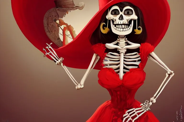 Prompt: cute & beautiful smiling mexican undead skeleton girl wearing a sombrero and a wide red dress, elegant, digital art, fantasy, pixar style, painting, pin up, highly detailed, artstation, art by artgerm, vrubel, boris vallejo and ilya kuvshinov