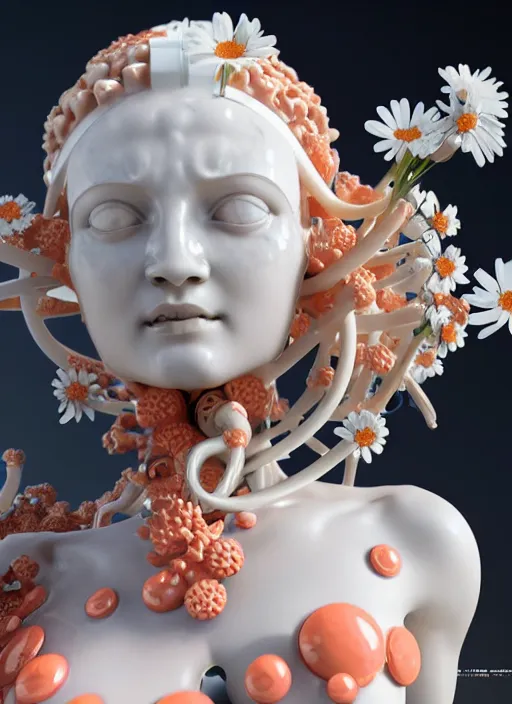 Image similar to biomechanical marble statue with porcelain skin coral and daisies carrying a bottle of perfume, up close shot, sharp focus, global illumination, radiant light, alexandre ferra white mecha, irakli nadar, octane highly render, 4 k, ultra hd,