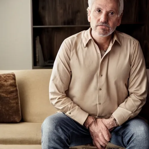 Prompt: full body artistic photo of steve, mature male, wise face. he is a doctor. he is sitting gracefully on a sofa, elegant tight beige shirt. he has enormous belly