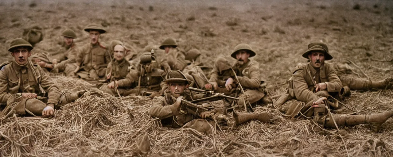 Image similar to battle of the somme with spaghetti, canon 5 0 mm, kodachrome, in the style of wes anderson, retro