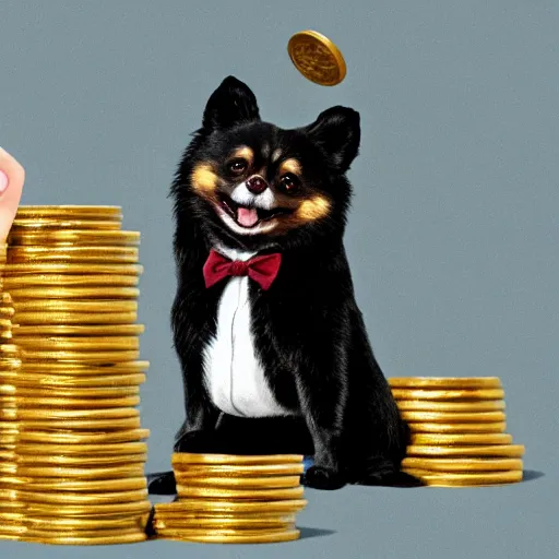 Prompt: A Pomeranian wearing a top-hat and monocle while sitting on a pile of gold coins