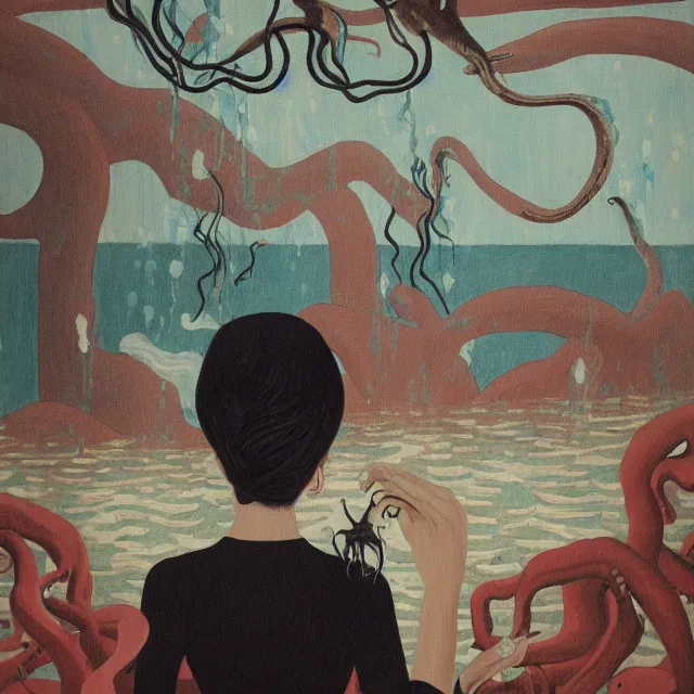 Image similar to tall female emo artist holding an octopus in a flooded cafe, octopus, water gushing from ceiling, painting of flood waters inside a cafe, a river flooding indoors, pomegranates, pigs, ikebana, water, octopus, river, rapids, waterfall, black swans, canoe, berries, acrylic on canvas, surrealist, by magritte and monet