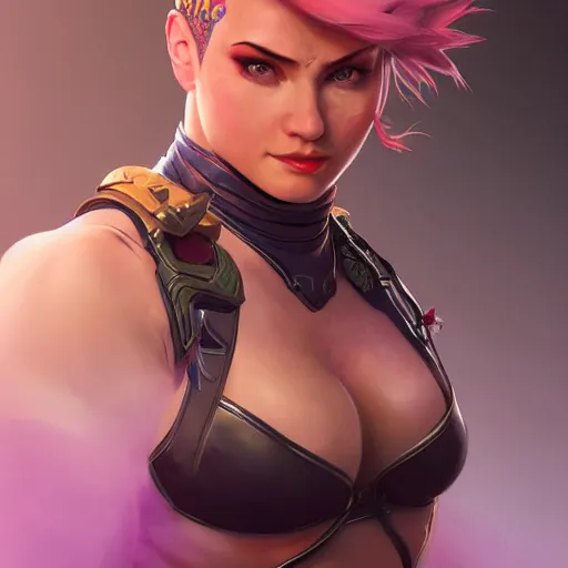 Image similar to character portrait of Zarya from Overwatch, intricate, wild, highly detailed, digital painting, artstation, upper body, concept art, smooth, sharp focus, illustration, art by artgerm and greg rutkowski and alphonse mucha