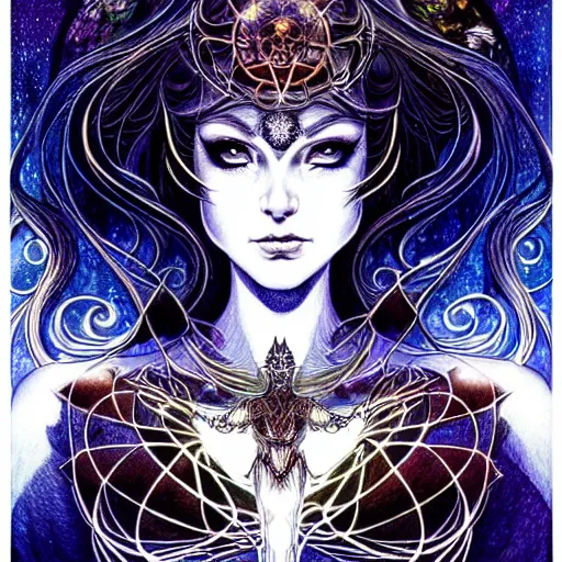 Image similar to a symmetrical portrait of a mystical feminine creature with glowing energies and particals, metal scales, surrounded by spirits, gloomy cinematic lighting, highly detailed, illustrated novel, by artgerm and druillet