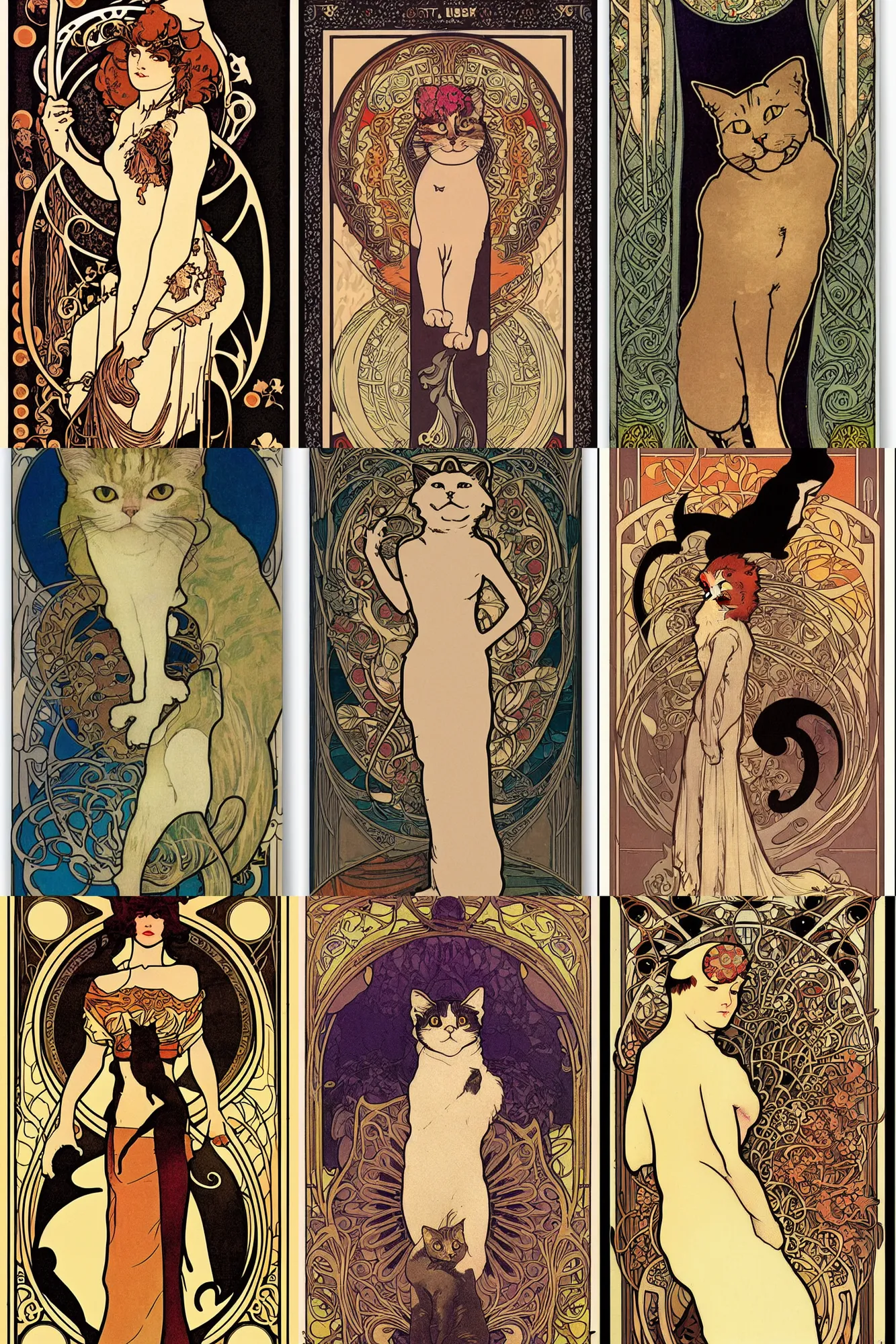 Prompt: Poster illustration of a cat, Art Nouveau by Mucha