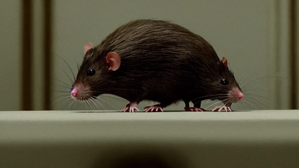 Image similar to the strange rat in court, made of water, film still from the movie directed by Denis Villeneuve with art direction by Salvador Dalí, wide lens
