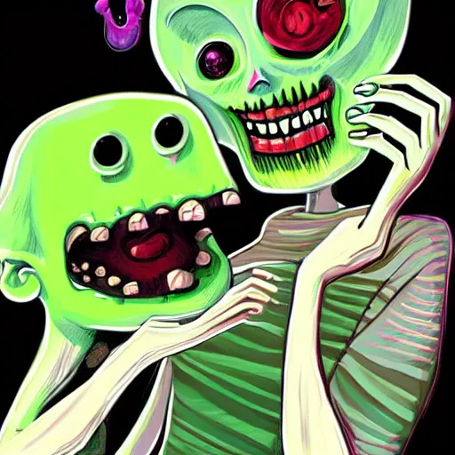 Image similar to colorful illustration of happy zombie, by zac retz and junji ito