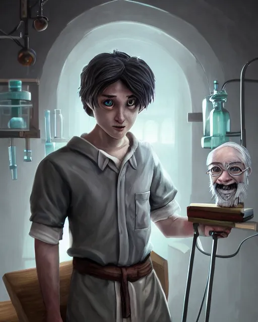 Prompt: An epic fantasy comic book style portrait painting of a normal !young man in a laboratory, !!really short gray hairs, round face, wearing a shirt with horizontal stripes, handling laboratory equipment, character design by Mark Ryden and Pixar and Hayao Miyazaki, unreal 5, DAZ, hyperrealistic, octane render, cosplay, RPG portrait, dynamic lighting, intricate detail, summer vibrancy, cinematic