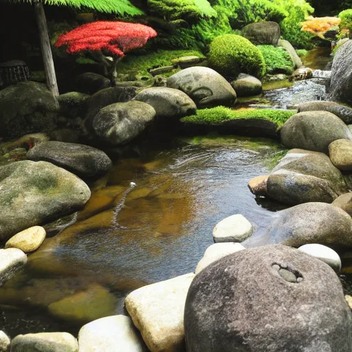 Image similar to photo of japanese house with small stream beside the house. koi fish are swimming in the stream, high detail, cinematic, beautiful