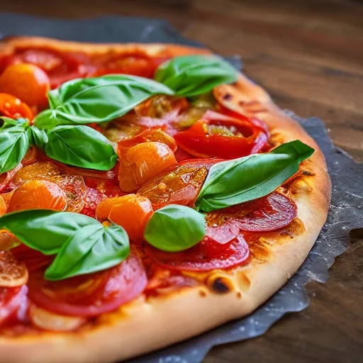 Prompt: Proper Italian pizza with tangerines and tomatoes, morning hard light, professional food photography, 80mm, top down