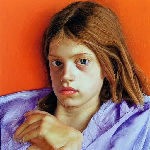 Image similar to high quality high detail painting by lucian freud, hd, beautiful young girl portrait, orange and violet, photorealistic lighting